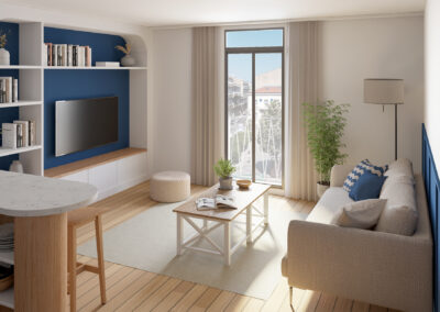 Rendu 3D d’un projet de rénovation d’appartement à Sète, avec salon lumineux, bibliothèque sur mesure, parquet clair et aménagement optimisé pour 40 m².