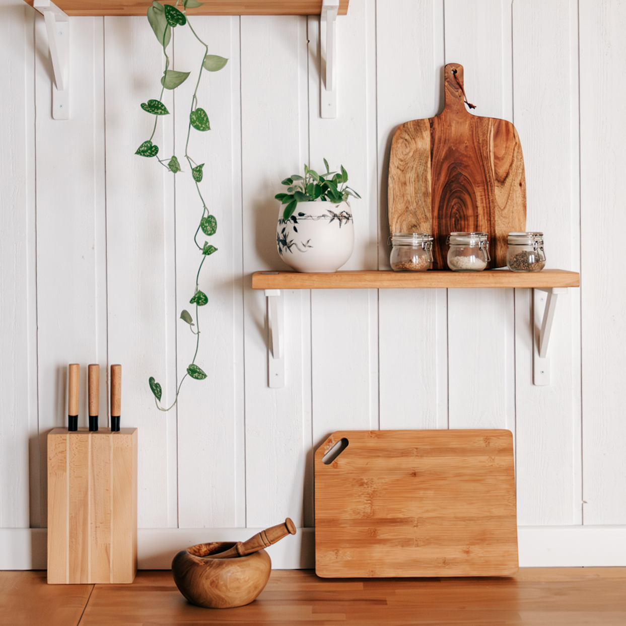 Cuisine rénovée à Loupian dans l’Hérault, près du Bassin de Thau et de Montpellier, avec étagères en bois et décoration naturelle.