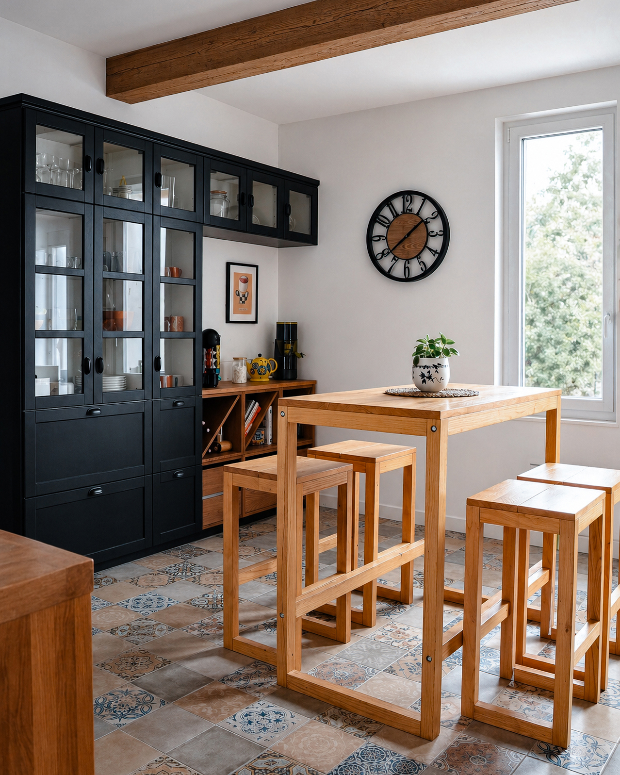 Photographie d'une rénovation de salle à manger lumineuse à Loupian dans l’Hérault, avec mobilier en bois, poutre apparente, buffet sur mesure et carrelage à motifs.