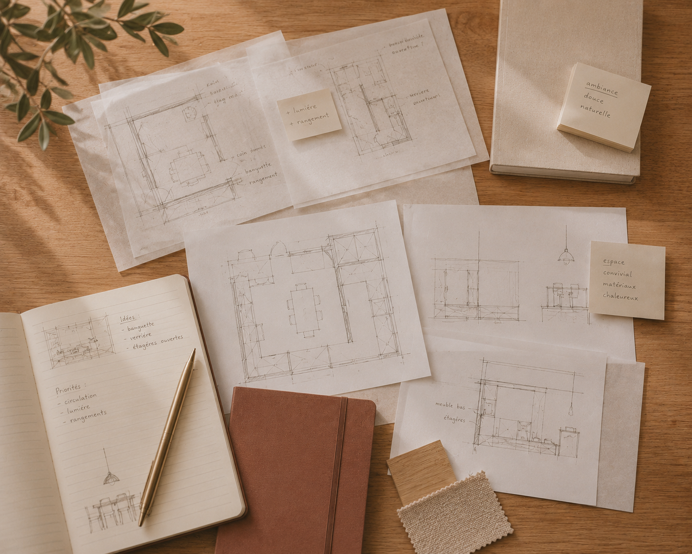 Plan d’aménagement, croquis d’architecture intérieure, carnet de notes et échantillons de matériaux disposés sur une table en bois dans le cadre d’un projet de conception d’espace.