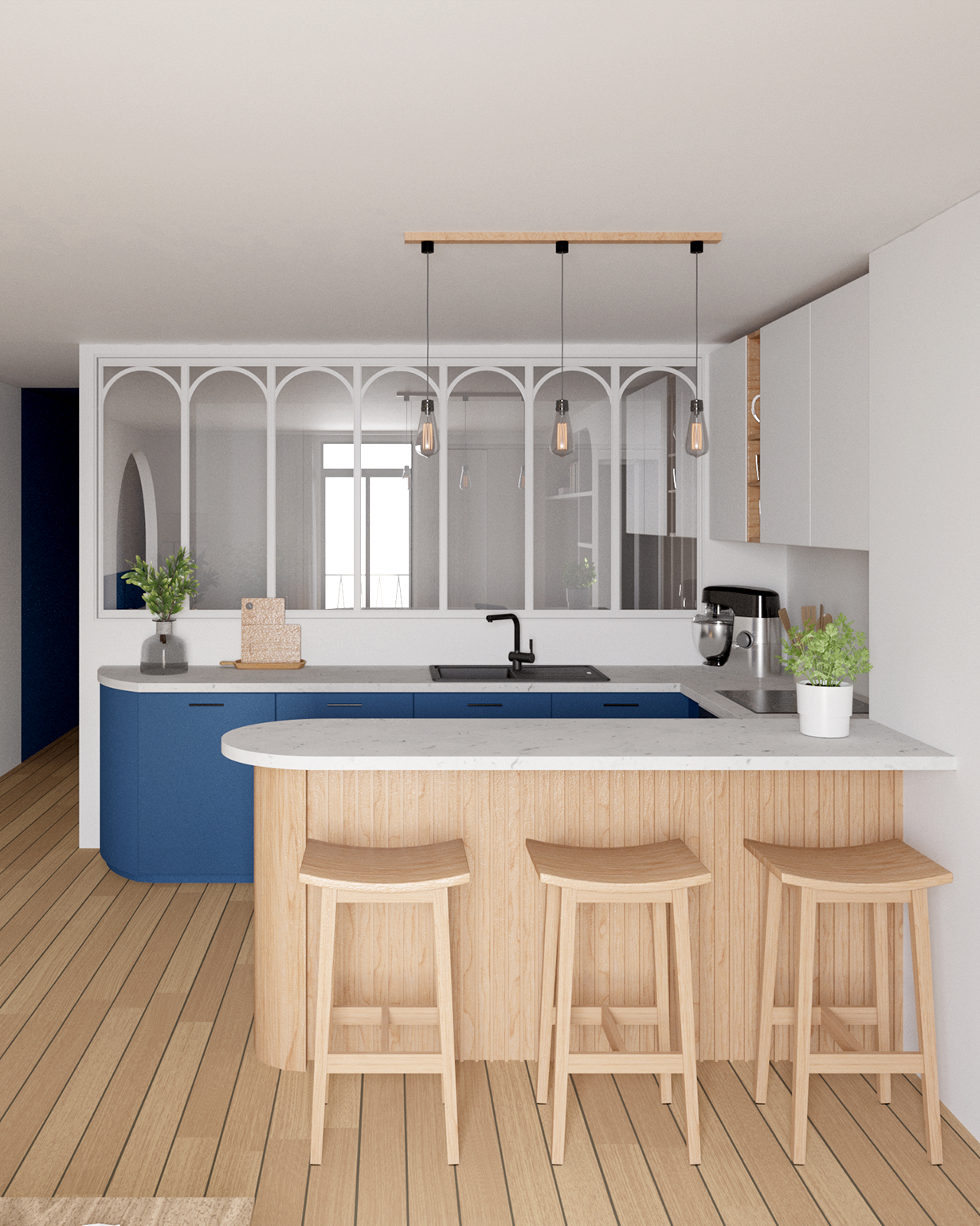 Cuisine contemporaine en L avec meubles vert sauge, plan de travail en bois et crédence blanche.